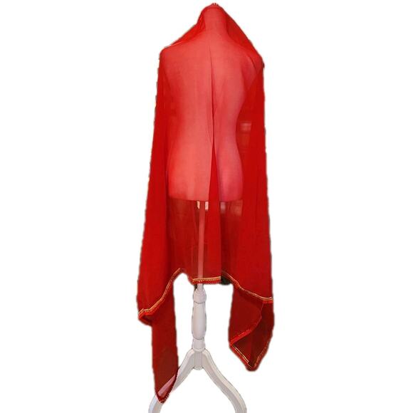 Red Sheer Sari Sarong Wrap Cover 40x80" Tassels Metallic Gold Thread Trim Design - Picture 5 of 7